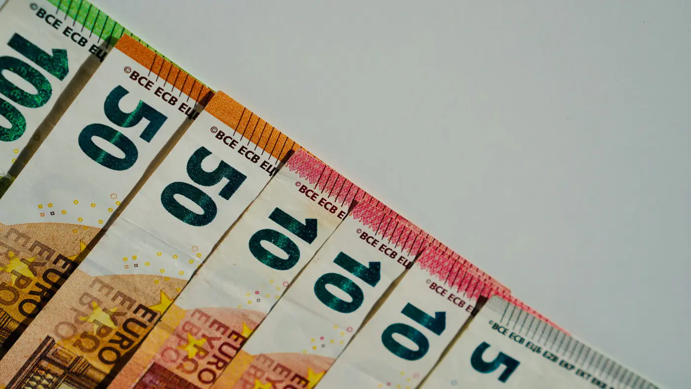 Close-up of various euro banknotes in different values on a plain background.